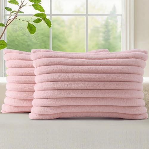 Image of decorUhome Fall Cozy Faux Fur Throw Pillow Covers 12x20 Set of 2 Decorative Soft Plush Striped Lumbar Modern Farmhouse Boho Couch Pillow Cases with Velvet Back for Sofa Bed Living Room, Pink