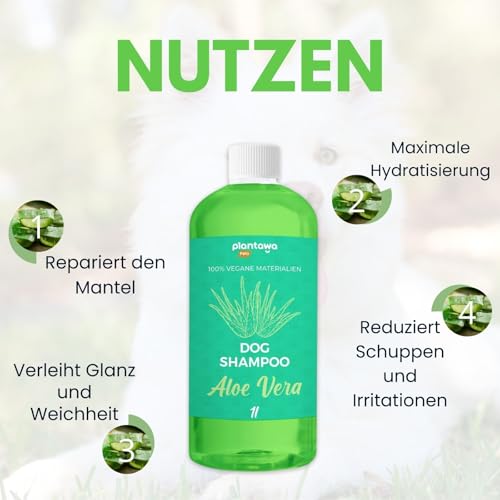 PLANTAWA - Aloe Vera Hundeshampoo 1L | Hundeshampoo für empfindliche Haut und Dermatitis | Anti-Irritation Action Allergenfrei, Parabenfrei, 100% Vegan mit natürlichen Extrakten