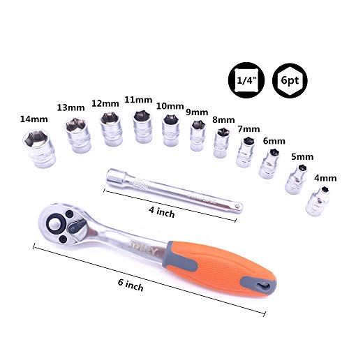 Jenley 1/4-Inch Drive Ratchet Wrench Socket Wrench Set,Metric Socket Set Cr-V Sockets,4Mm-14Mm 72Teeth,Quick-Released Ratchet Wrench,Extension Bar For Repair Works 6Point-13Pieces #TOP1
