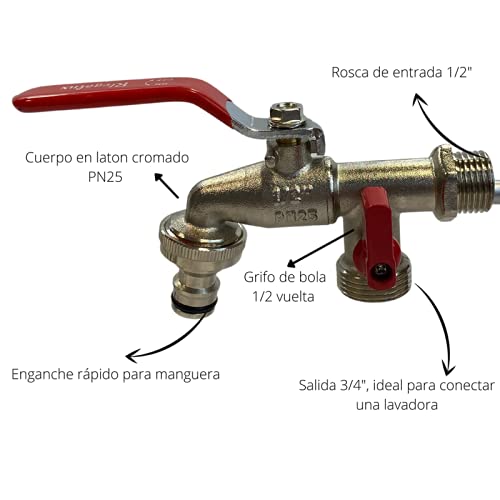 Grifo para jardín (1/2") con 2 salidas independientes , una de 3/4", con acople rápido para manguera y otra de rosca macho de 3/4" con grifo de esfera independiente. Fabricado en latón PN25. 10 Und