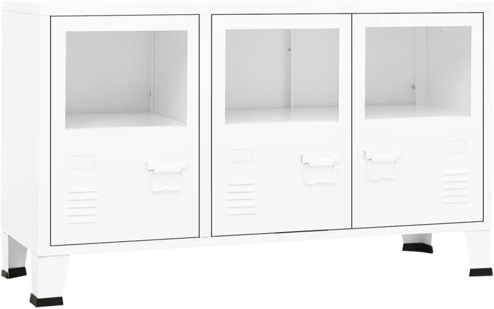 Industrial Style Sideboard with White Metal and Clear Glass, Medium Shelving Storage Unit for Living Room or Dining Room, 3 Compartments for Decorative Items and Books,