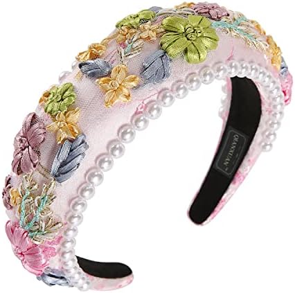 QIANXUAN Solid Color Wide Headbands For Women Diamond Rhinestone Headbands For Women Top Knot Headband Crystal Handmade Pearl Girls Hair Accessories Glisten Fashion Embroidered Padded Hairband
