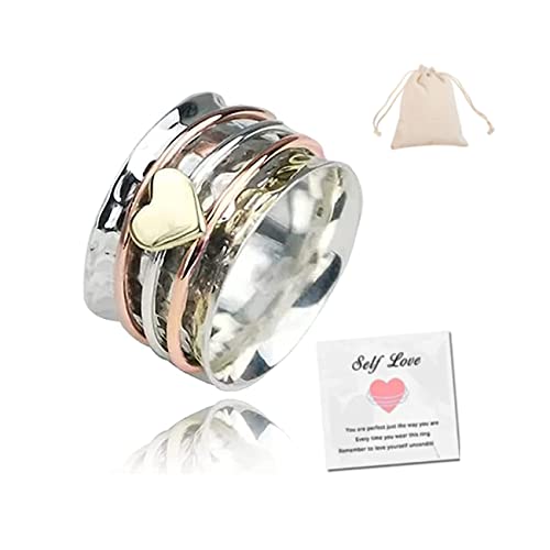 LIU JUN Self Love Spinner Heart Ring, Fidget Anxiety Relief Rotating Fashion Wide Band Rings For Her For Women Silver Gifts Jewelry
