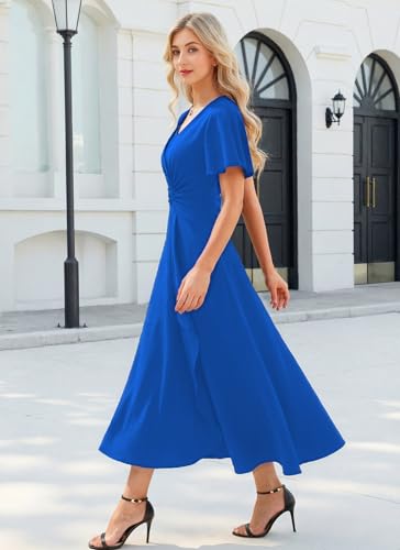 Image of QMZ Wedding Guest Dresses for Women V Neck Cocktail Dress Ruffle Sleeve A Line Evening Party Formal Dresses for Women