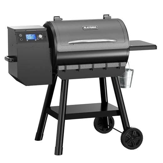 Blatomic LCD Control Wood Pellet Smoker Grill, 456 SQ. IN Cook Area, Pellet Grill with Auto Feed & Leaking Waste, 500°F Max Temperature, 8 in 1 BBQ Grill with Meat Probe, Side Table with Hooks(Black)