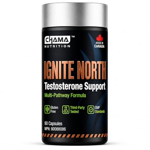 Ignite North Support de testostérone 9 en 1 pour homme | 600 mg Tribulus, 300 mg Tongkat Ali, DIM et Maca | Complément énergétique multi-voies pour la concentration et l'endurance | 90 capsules | Fabriqué au Canada