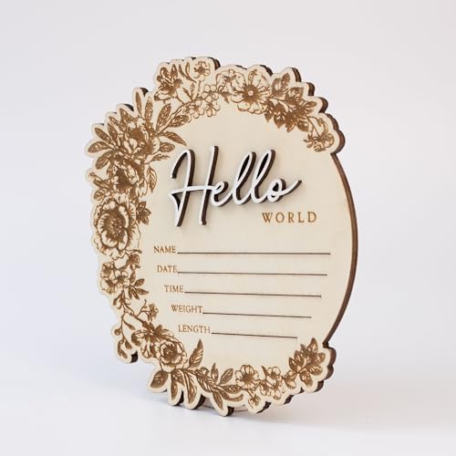 Image of Baby Name Announcement Sign - Floral Wooden Hello World Plaque for Newborn Photo Prop