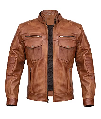 Men Cafe Racer Motorcycle Style Solid Color Leather Jacket | Mens Slim Fit Motorcycle Brown Leather Jacket