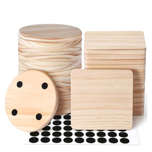 30Pcs Unfinished Wood Coasters for Drinks: 4 Inch Solid Blank Wooden Coasters Square and Round Coffee Table Desk Coasters Set with Non-Slip Pads for Engraving DIY Craft