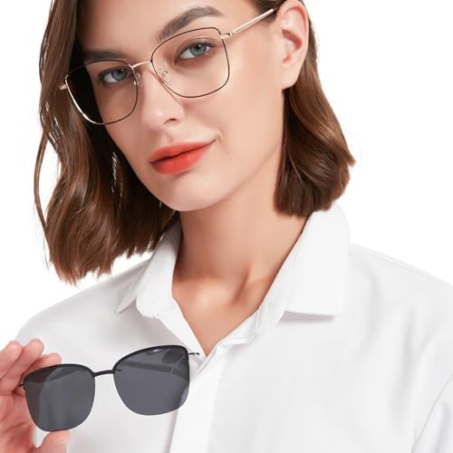 Image of Women's Large Blue Light Blocking Glasses plus Magnetic Sunglasses Clip, Easy to Switch to Shades for Driving