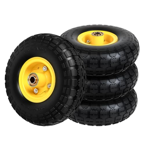 4.10/3.50-4 Tire and Wheel Flat Free 10 Solid Tire 220LB Capacity Each with 5/8 Bearings and 2.1 Offset Hub for G orilla Cart Garden Cart Trailer Dolly Hand Truck Wagon 4 Pack Yellow