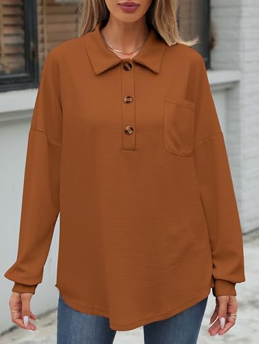 Image of ZAAYO Women Waffle Knit Tops Henley Shirts V Neck Long Sleeve Solid Color Casual Tunics Blouse