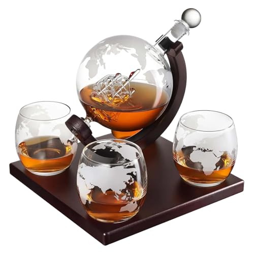 Whiskey Global - Juego de decantador con 4 vasos de vidrio, juego de caramelo de whisky, regalo de vidrio para hombre, juego de regalo de whisky escocés y vodka