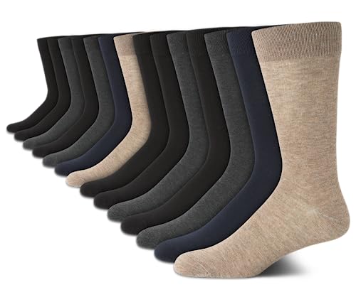 Van Heusen Mens Dress Socks - 14 Pack Soft Stretch Moisture Wicking Crew Socks for Men for Everyday Office Work Wear (6-12.5), Size 6-12.5, Brown/Grey Multi