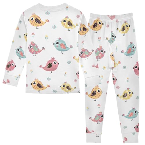 Pajama Sets Long Sleeve Cute Colorful Birds on White Soft Comfy Sleepwear 2 Piece PJS 3-8T3