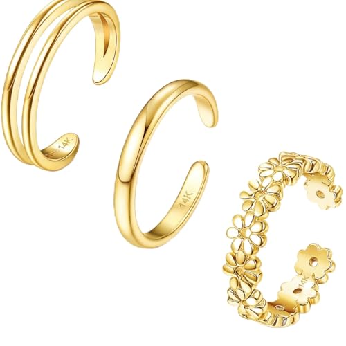14K Gold Plated Toe Rings for Women, Adjustable Open Toe Ring Set 3Pcs, Non Tarnish Gold Toe Rings, Hypoallergenic Plain Double Band Daisy Flower Toes Rings, Summer Beach Foot Jewelry Gifts for Her