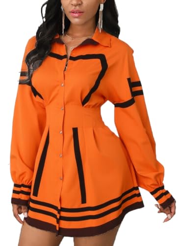Image of Glozeplus Long Sleeve Button Down Collar Mini Shirt Dress for Women | Trendy script print shirt dress.The button-down front and collared V-neck create a chic.Perfect for office or casual dates.