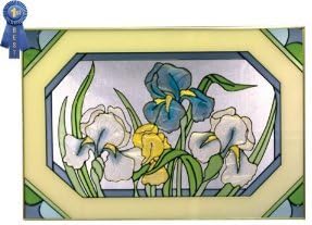 Silver Creek Blue Iris with Border Horizontal Painted Art Glass Panel