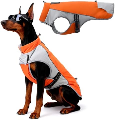 Bicolor Dog Winter Coat – Waterproof & Windproof Light-Insulation Jacket with Adjustable Neck & Tail, Reflective Christmas Dog Jacket for Outdoor Safety, Orange & Gray XL