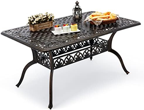 Attliahome Outdoor Patio Dining Table - All-Weather Cast Aluminum 60" x 28.5“ Patio Rectangular Table with 2" Umbrella Hole for Balcony Lawn Garden Backyard