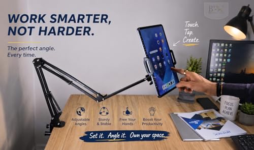 Image of BROLAVIYA Overhead Video Mobile and Tablet Stand, New Extra Long Arm, 1 /4 inch Head 2 Way Base clamp, and Brackets for Mobile Phone and Tablet, for Overhead Video, Desktop, Bedroom, Office, Black