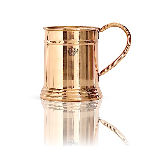 Image of INDIAN ART VILLA Pure Copper Tankard Shaped Mirror Line Design Moscow Mule Beer Mug Cup, Best for Beer Cocktail Parties, Barware, Volume-600ML, Set of 2