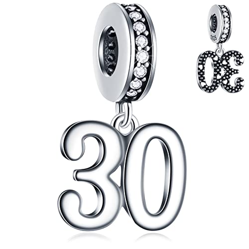 30 years Anniversary Dangle Charms si adatta al braccialetto Pandora Per la festa della mamma, 925 perline pendenti per il 30 ° compleanno in argento sterling con CZ, numero 30 regali per padre/mamma