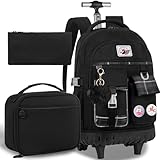 AGSDON Mochila com Rodinhas para Meninas e Meninos, Homens e Mulheres, Mochila Escolar com Rodas para Laptop, Daypack Preto, Tamanho Grande