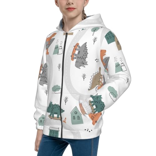 Dino on a Skateboard Surf Kids Pullover Hoodies Boys Zip Up Sweatshirts Girls Athletic Clothes with Pocket