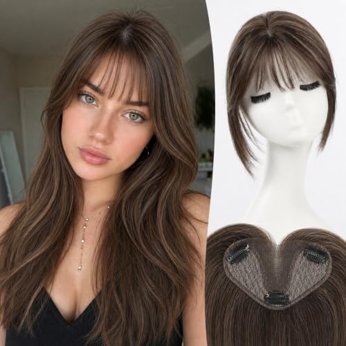 Human Hair Toppers for Women 8 Inch Real Human Hair Topper with Bangs,5"x3" Upgrade SilkHug Swiss Base Gray Root Coverage &amp; Thinning Hair（Mixed Brown）