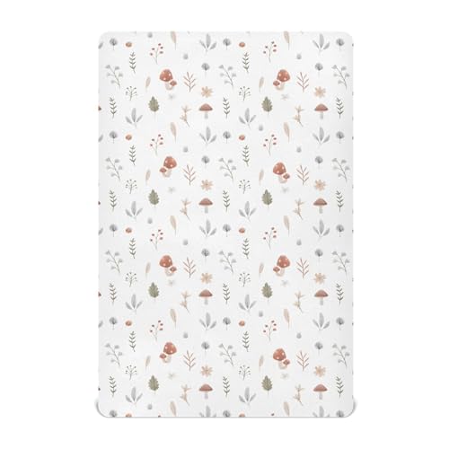Image of Fall Cute Mushroom Leaves Fitted Crib Sheets Stretchy Portable Playard Sheets for Baby Toddler, Breathable Soft Mini Crib Mattress 52 x 28 in for Boys and Girls