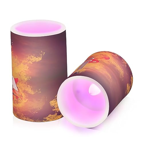 Image of Flickering Flameless Candles, Rock Guitar in Fire Flames LED Candles with Remote Timer, Set of 2 Battery Operated Candle for Valentine Wedding Birthday
