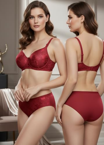 Image of Kinzie Elegant Floral Jacquard Lingerie Set, Grey Brown Maroon Bra and Brief, Comfortable Full Coverage Underwear Set, Padded Bra, Lingerie Set, Honeymoon Bikini Set,