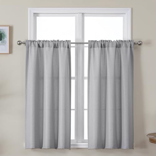 BULLPRINCESS Linen Kitchen Curtains 45 Inch Length Tiers, Semi Sheer Faux Linen Textured Small Cafe...