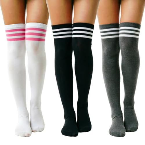 Image of DRESHOW 3 Pairs Thigh High Socks Striped Over Knee Thin Tights Long Stocking Knee High Leg Warmer