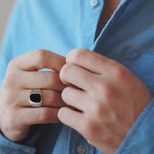 STARCHENIE Men's Genuine Black Onyx/Turquoise/Tiger Eye Sterling Silver Ring Vintage Square Gemstone Signet Pinky Ring for Men Jewelry Gift for Him Size 7-122