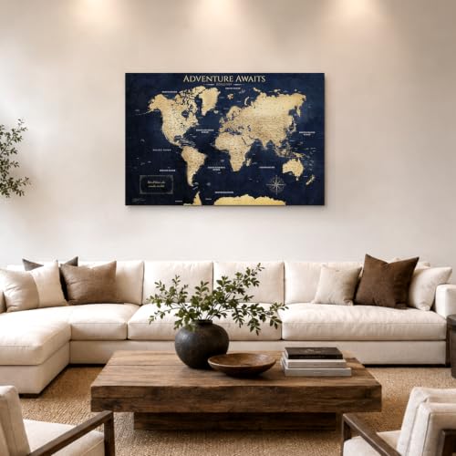 Image of IPIC Vintage Teal World Travel Map with Pins, World Map Pin Board, 42x28 in