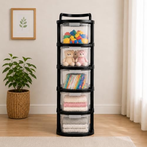 Image of SR 5 Layer Plastic Storage Drawer with Wheels | stackable storage cabinet for Bedroom, Office, Home | Utility storage drawer Organiser for Cosmetics, Kitchen,Toys | multipurpose home storage Organizer