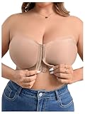 OYOANGLE Women's Plus Size Front Closure Push Up Strapless Bandeau Bra Wireless Tube Bralettes with Clear Strap Apricot 2XL