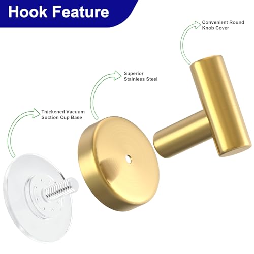 Image of Suction Cup Hooks for Shower, Stainless Steel Shower Hooks for Hanging Towels, Robes, Bath Balls, Towel Hooks for Bathroom Wall, Glass Door, Kitchen, Mirror, Tile (2 Pack,Gold)