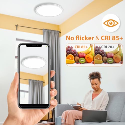 Slochi TJN-CL05A-2-WT-US Pack 12 Inch Led Flush Mount Ceiling Light, 28W Ceiling Lights 3000K/4000K/5000K Selectable, 3200Lm Super Bright Close To Ceiling Light Fixtures For Bedroom thumb #2