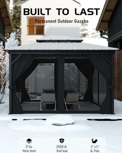 Hardtop Gazebo 10'x12' for All Weather, with Waterproof Double Metal Roof, Aluminum Alloy Frame, Net, and Curtain, Permanent Building for Patio, Deck, Backyard, Lawn, and Garden, Gray
