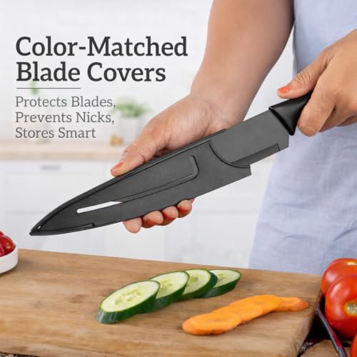 Image of 6 Pcs Kitchen Knife Set with Covers & Sharpener | Stainless Steel Black Coated Best Knives | Premium Chef Knife Set for Kitchen Use for Home & Restaurant | Professional Cooking Knife Set