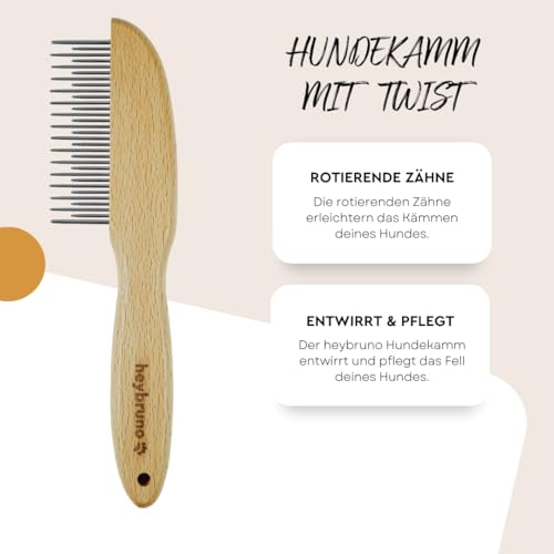 heybruno Hundekamm Langhaar mit drehbaren Zinken - Profi Fellpflege Kamm für Große Hunde & Unterwolle - Ergonomischer Holzgriff - schmerzfreies Entwirren & Knoten lösen - 31 rotierende Zähne