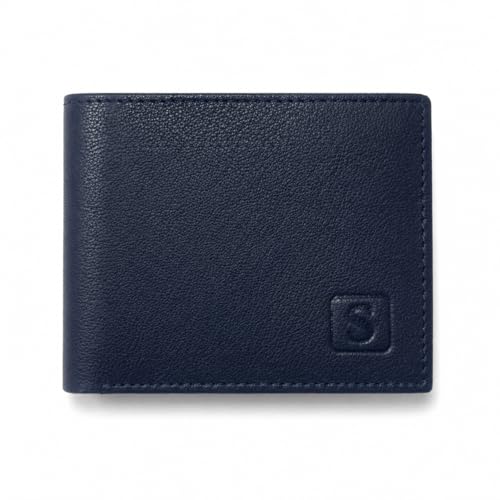 Image of SOVANO Genuine Leather Wallets for Man Original Bi Fold Slim Mens Wallets Design with RFID Protection ID Window Easy Access 6 Card Slots 2 Hidden Pockets Compact Gift for Men (Navy Blue)