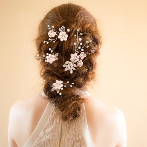 Andibro 4 Stück Braut Hochzeit Haarkämme,Rosa Blumen Strass Haarnadel Kristall Haar Accessoires Perlen Kopfschmuck Hochsteckfrisur für Frauen Mädchen Party Abschlussball Brautjungfern Blumenmädchen