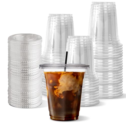 [200 SET]HAKOWARE by Harvest Pack 12 oz Ultra Clear Plastic Cold Cups with Flat Lids, Disposable Wedding Party Drinking Cups Tumblers, Iced Coffee Beer Juice Cold Beverage