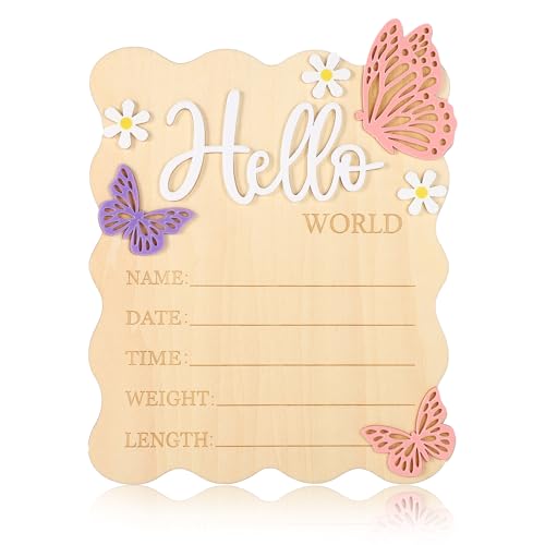 Image of Baby Announcement Sign, Rectangle Wooden Hello World Baby Sign with Flower and Butterfly Patterns Cute Delicate Newborn Plaque for Newborn Boys Girls Photo Props Nursery Home Decor