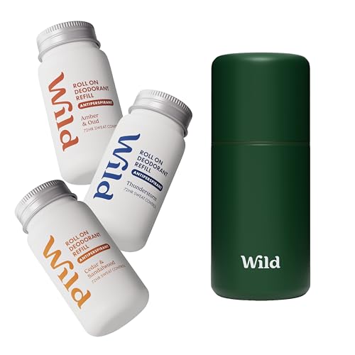 Wild Refillable Antiperspirant Roll On Deodorant Starter Kit for Men - 72 Hour Odour & Sweat Protection - Forest Green Case with Amber & Oud Thunderstorm and Cedar & Sandalwood Refills - 90% Natural