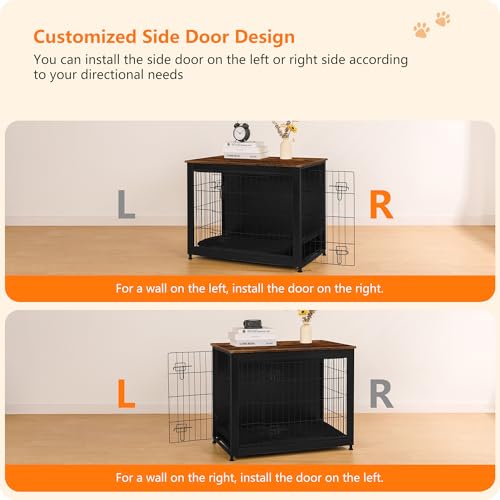 DWANTON Dog Crate Furniture with Cushion, Wooden Kennel Table with Double Doors, Indoor Dog House, Medium Size, 32.5" L, Black+Rustic Brown - Image 5